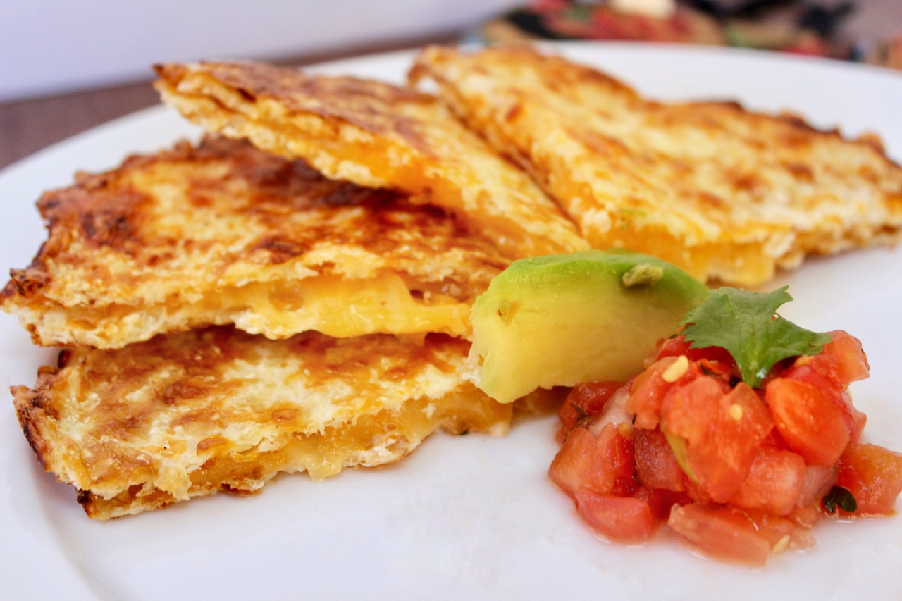 This is a homemade Low Carb and Keto Friendly Mexican cheese quesadilla with cauliflower tortillas