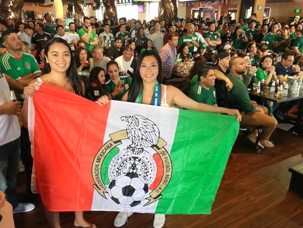 Travel and Food Creator Tinger with her friend Jackie and other football fans attending a World Cup watch party at a bar in Downtown Los Angeles ( DTLA ).
